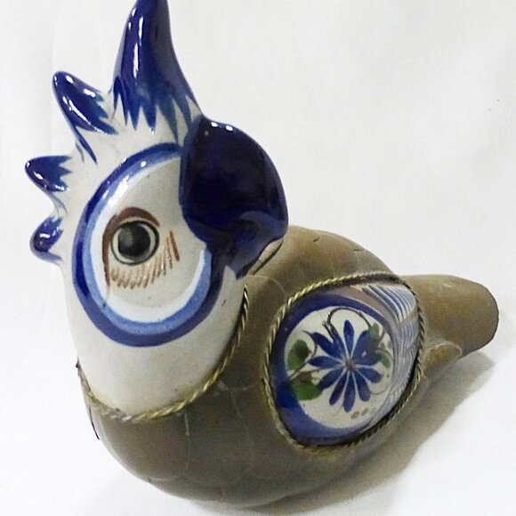 Vtg 80s Tonala ceramic stoneware parrot bird with brass overlay Mexican folk art - Picture 2 of 3